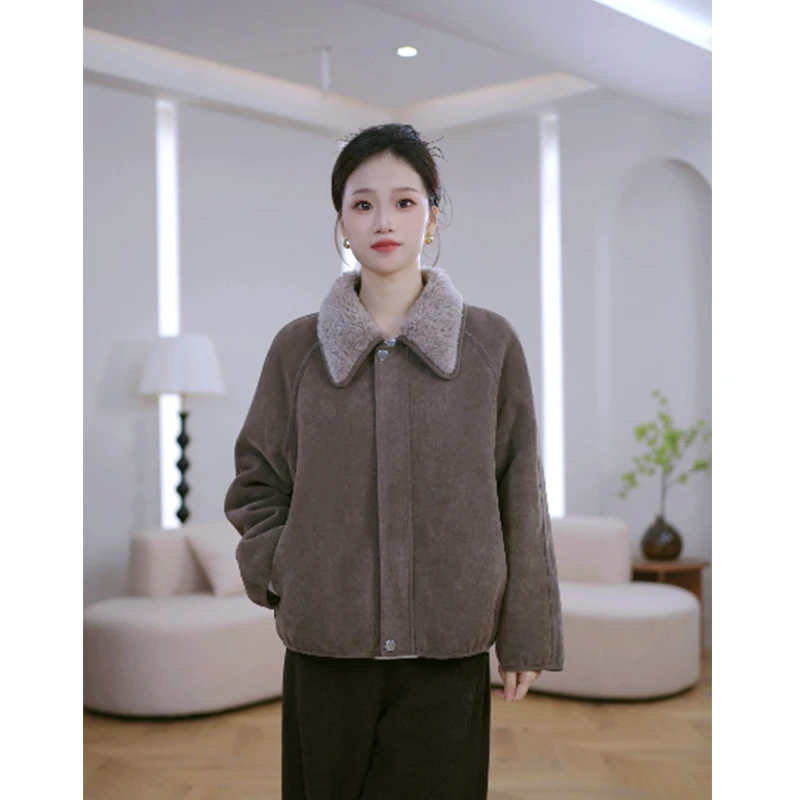 HANYU/韩禹TF218新款100%羊毛外套女宽松显瘦时尚短款加厚双面穿