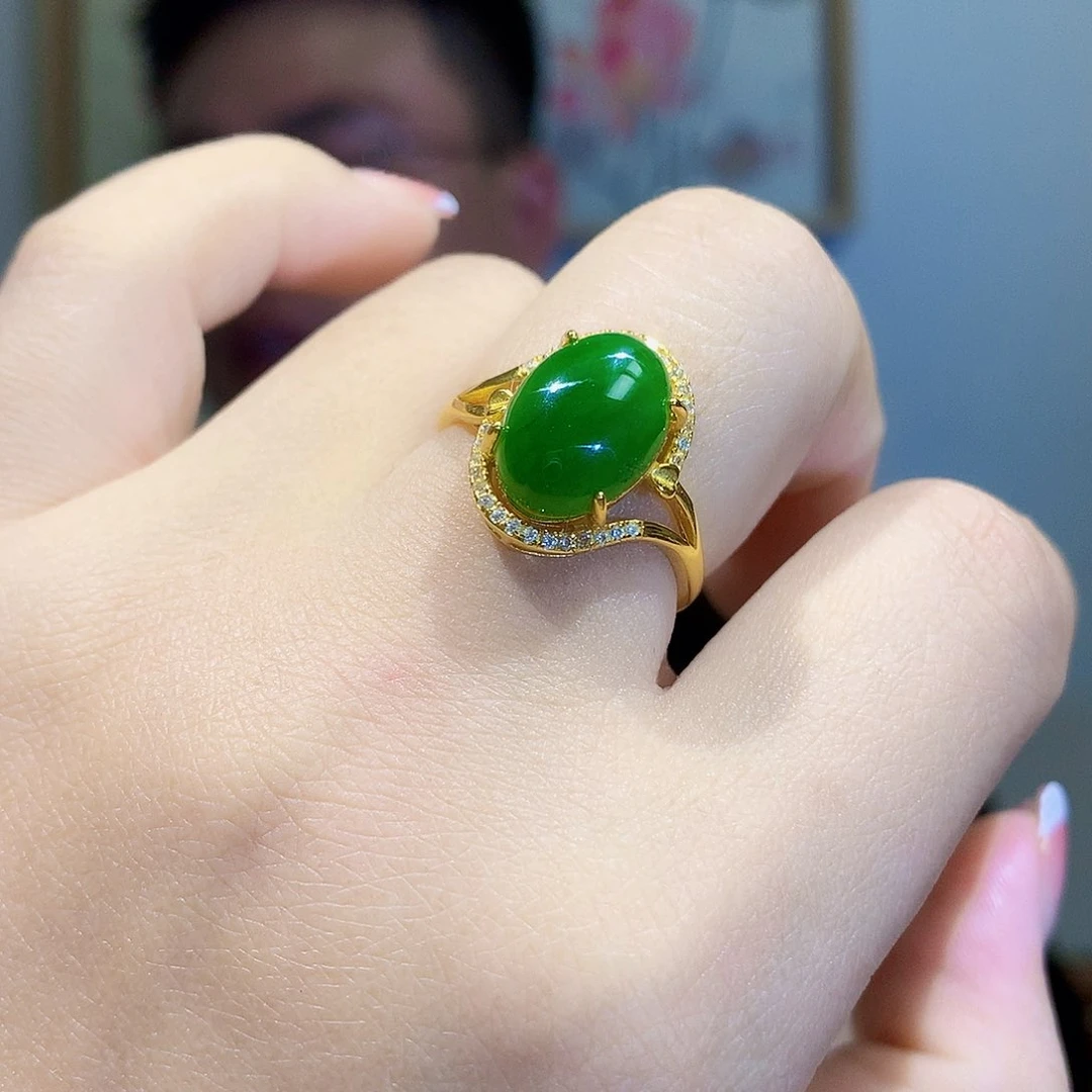 和田玉（碧玉）戒指银S925镀金镶嵌
