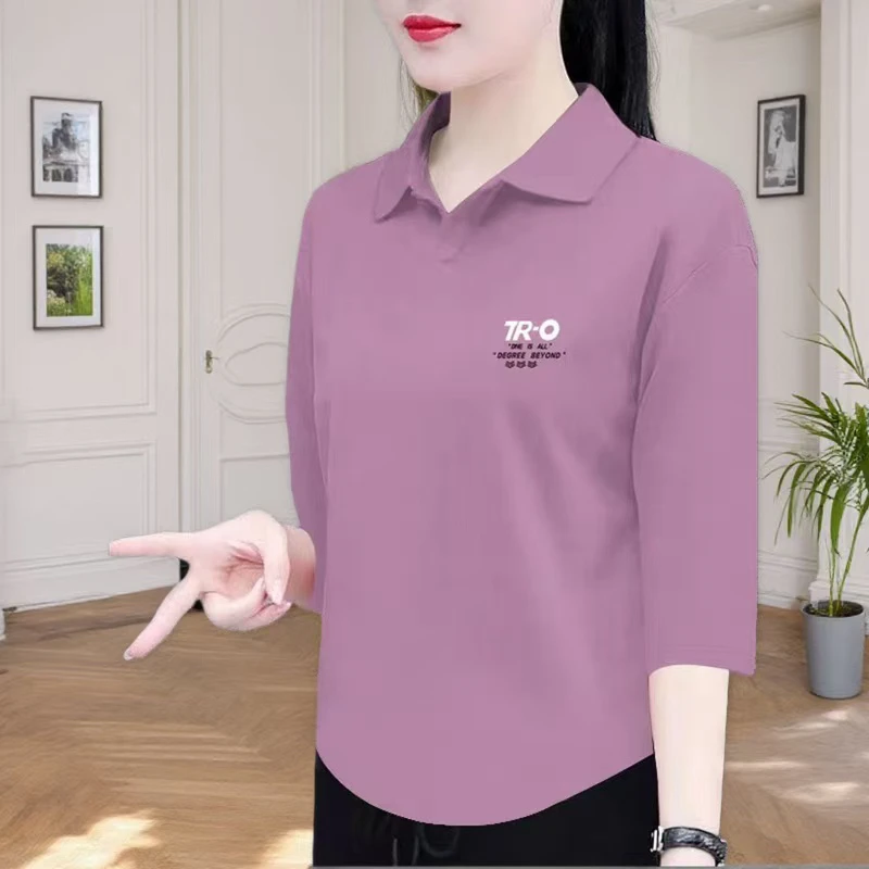 纯棉七分袖t恤女夏季新款翻领百搭宽松显瘦时尚洋polo领上衣