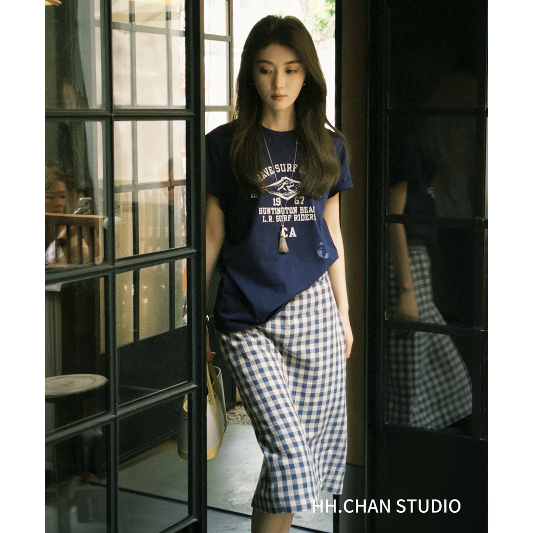 HH.CHAN“格子控”定制天丝亚麻花边腰头黄蓝格子半身裙HH51B35574