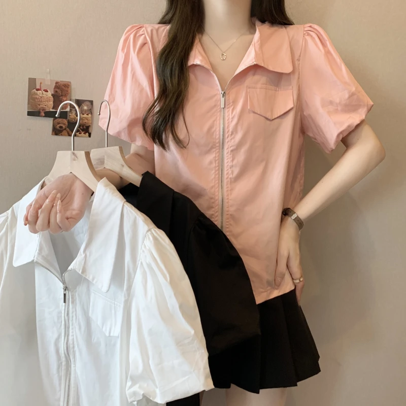 4056大码女装胖妹妹时尚百搭甜美俏皮风格拉链式短袖上衣5072