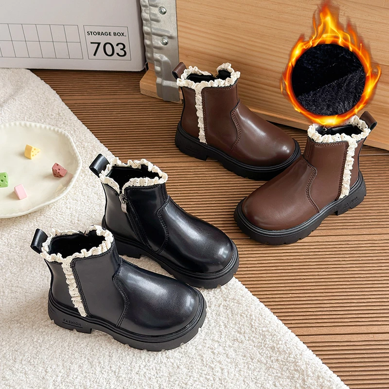 女童靴子2025新款秋季儿童鞋子女宝公主短靴小皮鞋冬季加绒马丁靴