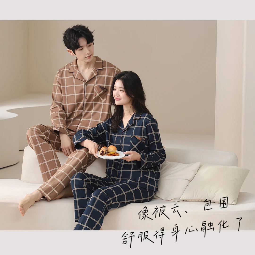 秋鹿柔软丝滑透气纯棉睡衣女2025春夏季情侣男卡通格子长袖家居服