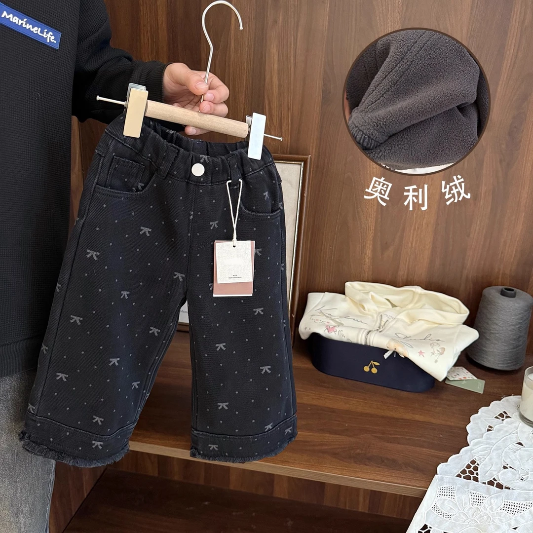 2025新款女宝宝加厚加绒黑色牛仔裤女童秋冬季女童女童加绒裤子