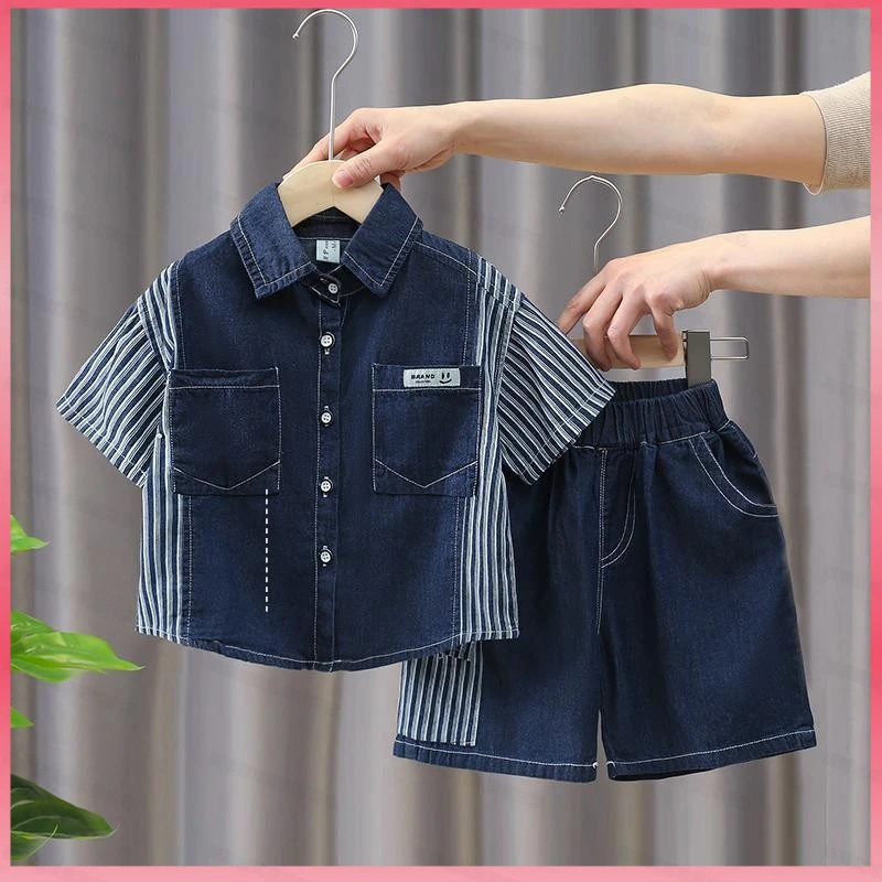 男童夏装短袖牛仔套装新款洋气宝宝夏季衣服儿童帅气衬衫两件套潮