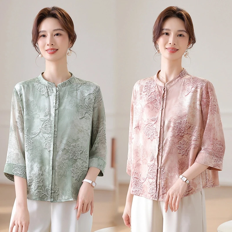 2025新款妈妈装夏季气质衬衫中年妇女高贵上衣七分袖洋气上衣