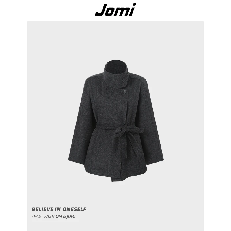 JOMI秋冬系带收腰立领短外套女宽松显瘦气质混纺毛呢上衣