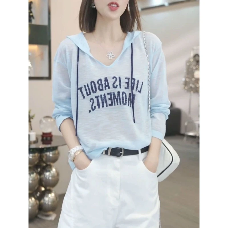 蓝色冰丝长袖针织t恤女夏连帽罩衫新款韩系薄款显瘦上衣