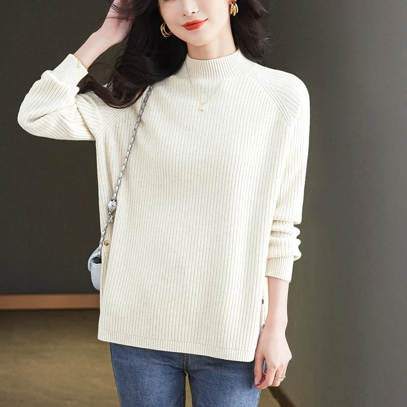 前短后长毛衣女秋冬内搭半高领针织衫宽松显瘦洋气大码胖mm打底衫