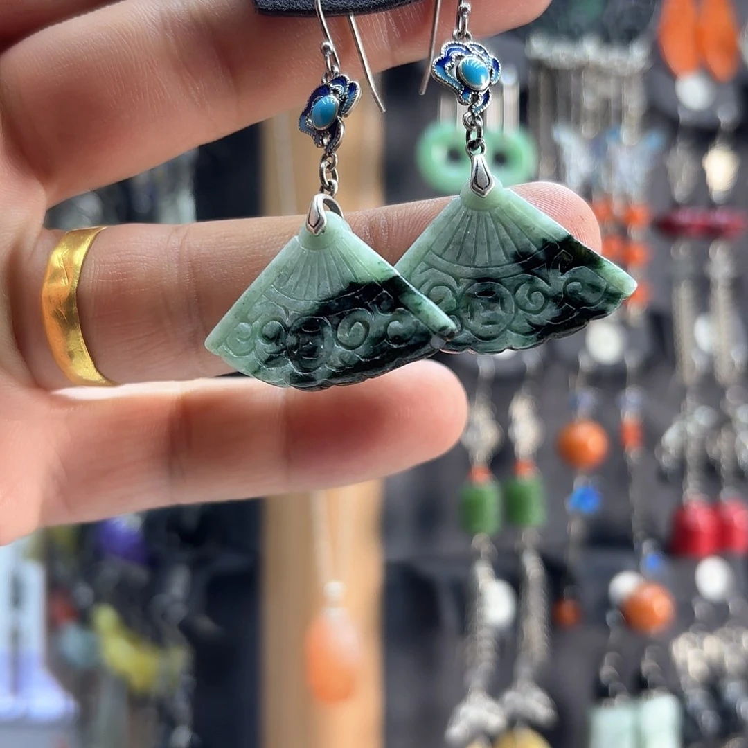 翡翠耳饰银S925镶嵌天然翡翠耳饰925银