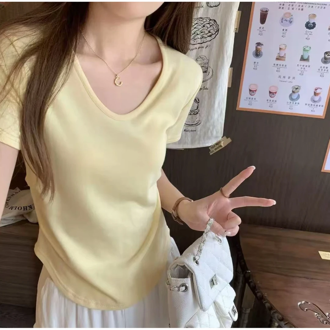（两件更划算）夏季短袖t恤女夏季收腰设计感百搭宽松纯色打底上衣
