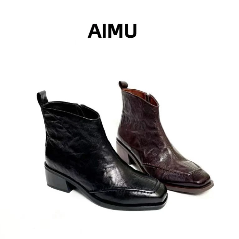 AIMU艾慕 秋冬植鞣手抓羊皮挑缝工艺复古经典切尔西女靴时尚女靴