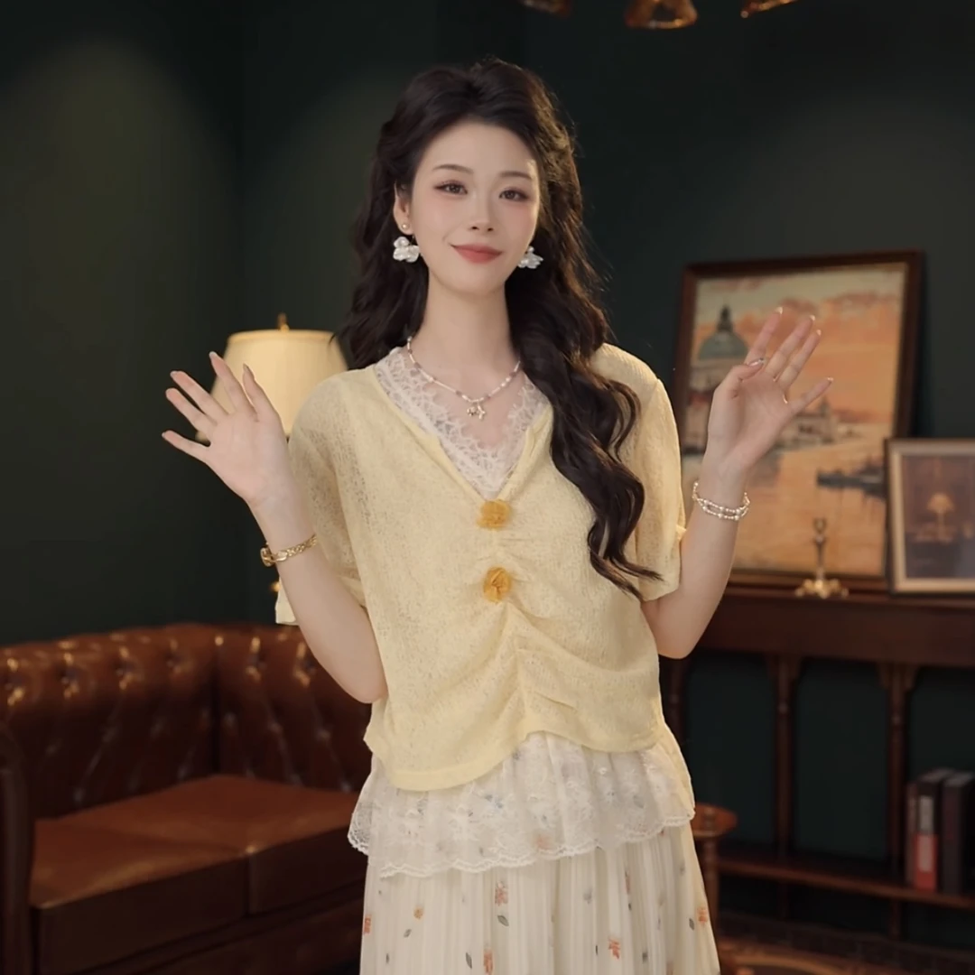 舒舒【琉璃蜜花】温柔衬衣休闲百搭短袖衬衫女夏季上衣Y26X03544