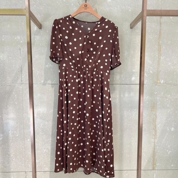 c058241B01CAIXUAN采轩咖色波点雪纺连衣裙