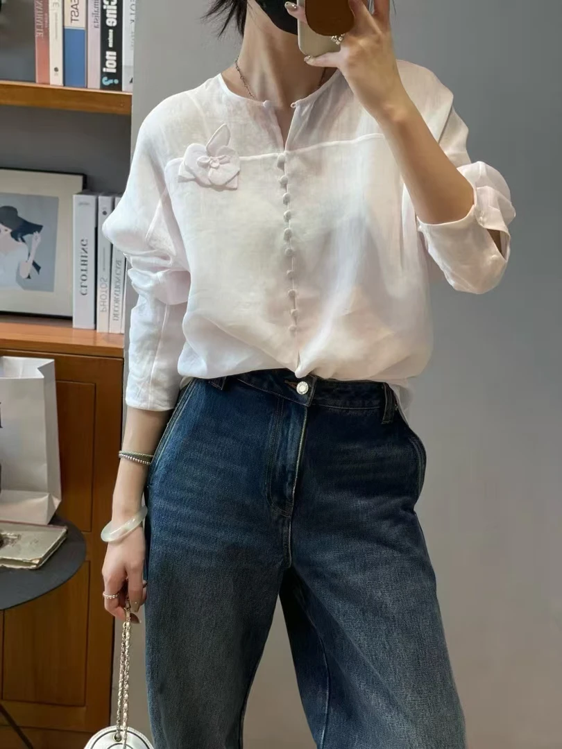 玛薇丝【添花】简约新中式立体手工花朵衬衫