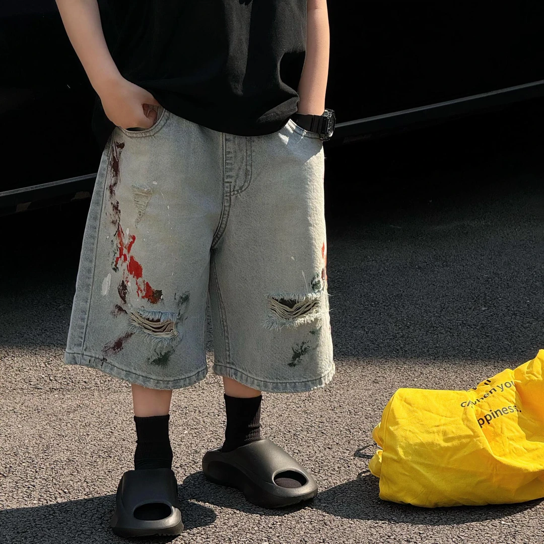 2025夏季新款韩版男童时尚百搭洋气擦色牛仔裤儿童短裤潮