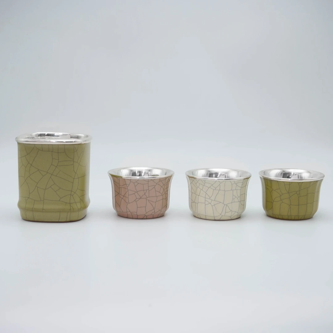 【古悦】手工艺品冰裂纹家用茶杯主人瓷包银茶具复古手工茶杯约60cc