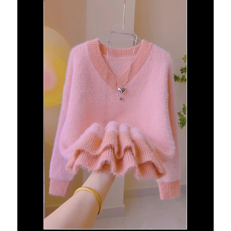 003撞色V领黄色防貂绒中长款针织毛衣