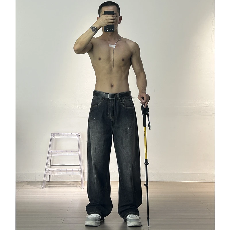 美式高街潮牌水洗泼墨设计黑色牛仔裤男直筒宽松街舞阔腿裤拖地裤
