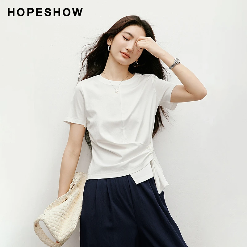 红袖2025秋款女装 白色解构扭结绑带正肩圆领短袖T恤90125260202