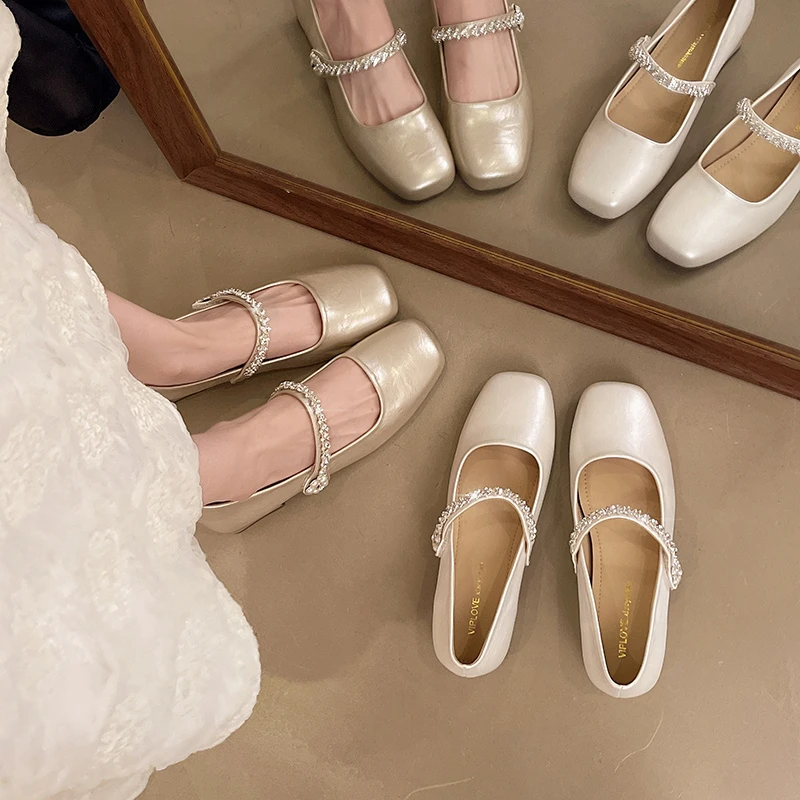 法式水钻粗跟玛丽珍鞋女2025夏新款仙女风配裙子气质方头低跟单鞋