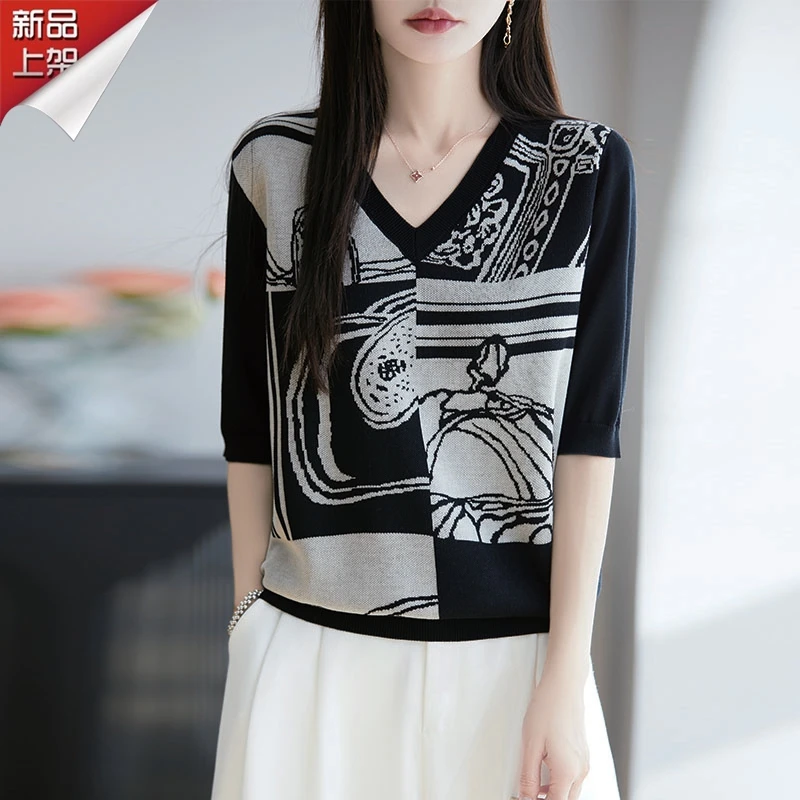 品牌夏季新款V领时尚百搭短袖针织衫2025大码抽象提花气质上衣女