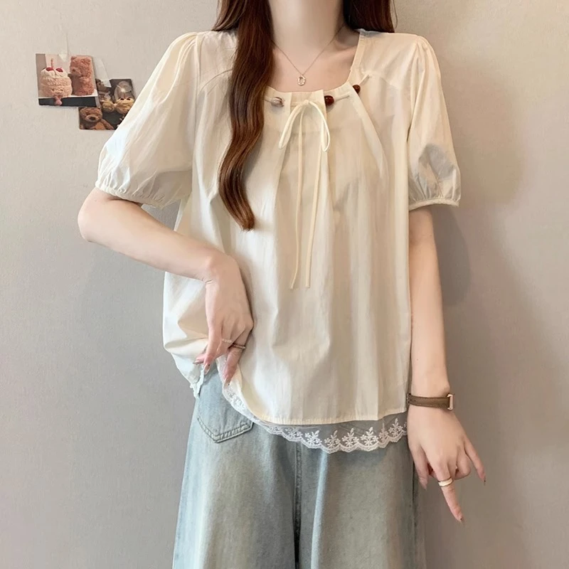 大码女装法式遮肚子泡泡袖雪纺衬衫女夏季胖妹妹宽松显瘦甜美上衣