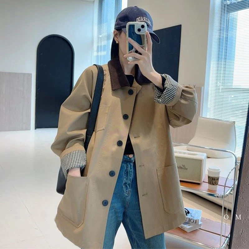 韩系撞色拼接中长款单排扣风衣女2025春秋新款宽松休闲显瘦外套