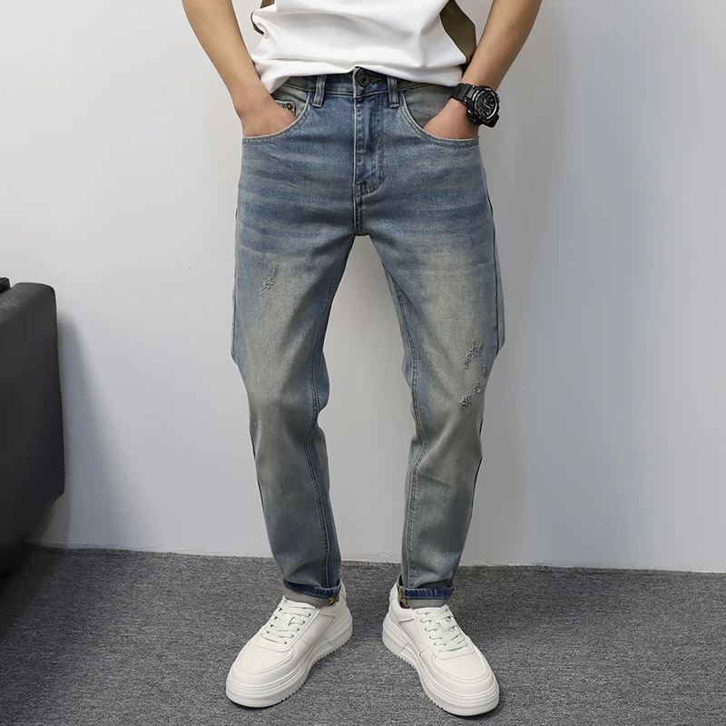 牛仔裤男修身小脚2025春季新品浅蓝品质水洗长裤微弹猫爪流行长裤