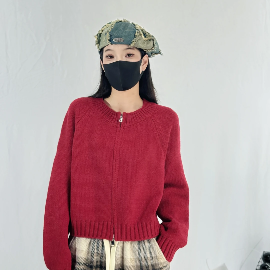 （工厂）十三姨双拉链毛衣针织开衫外套2秋冬新款女日系复古时尚