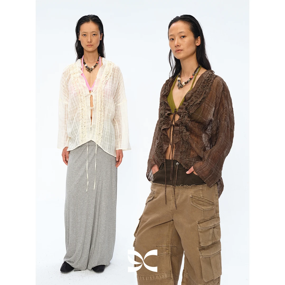 Square Circle 方圆亚麻抽绳系带木耳边微透宽松休闲罩衫长袖衬衫