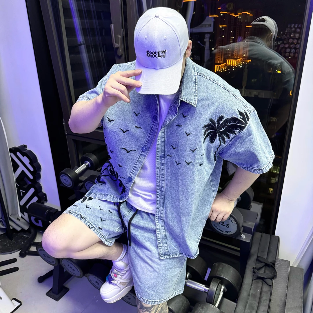 BXLT｜“椰树”夏威夷风刺绣水洗牛仔半袖夏季休闲衬衫宽松短裤套装