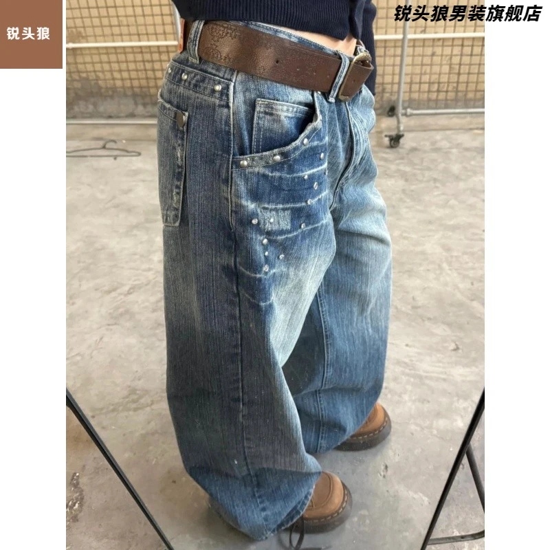 美式复古铆钉水洗闪电直筒牛仔裤男女新款高街做旧设计百搭阔腿裤