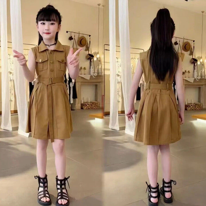 女童韩系工装童装无袖翻领连衣裙夏季2025新款宝宝时尚设计