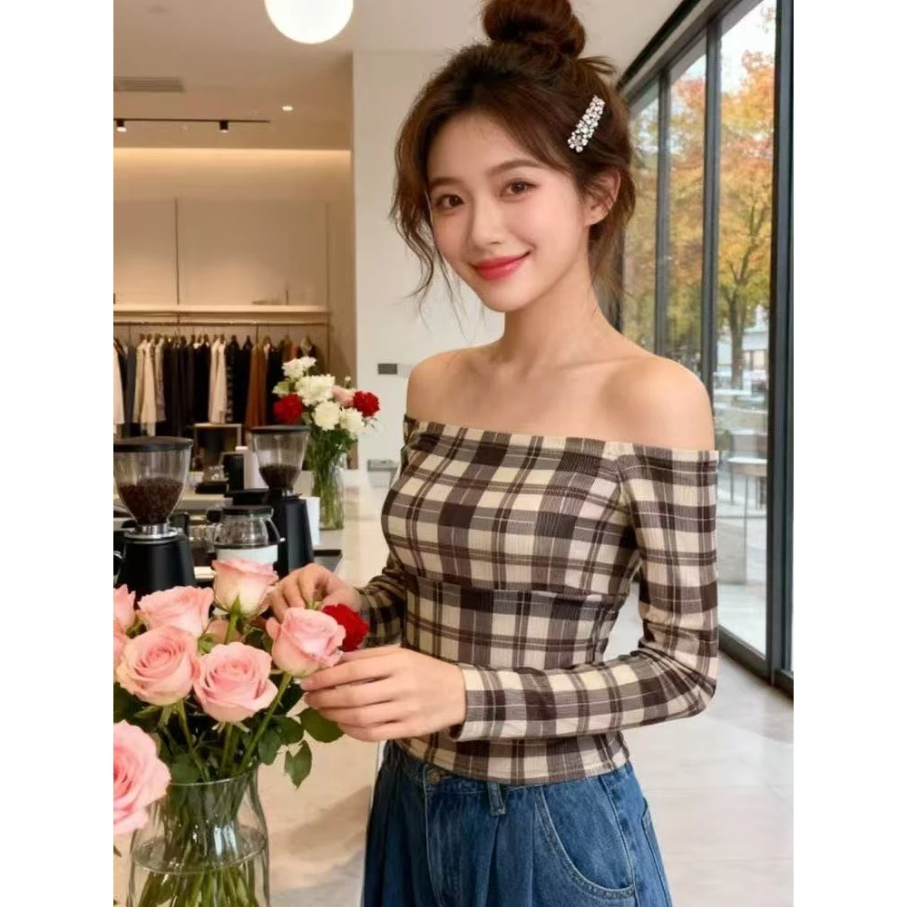 复古短款格子格纹一字肩长袖T恤2025年秋冬新款超好看显瘦别致