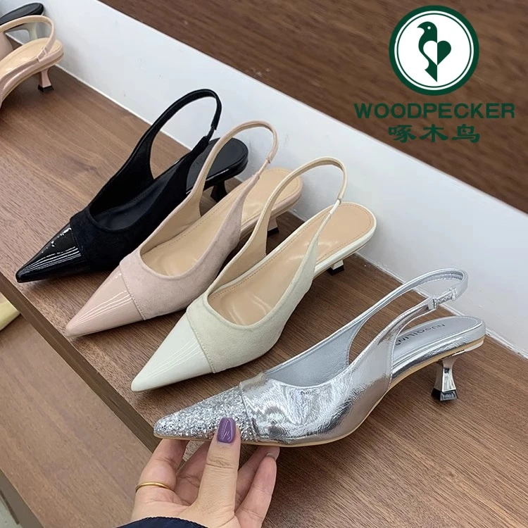 啄木鸟粉色温柔尖头高跟凉鞋韩版法式包头单鞋春夏后拉带尖头凉鞋