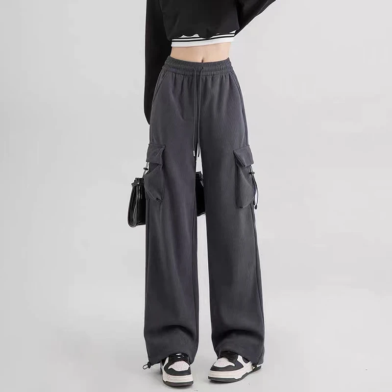 （复古工装阔腿裤）秋冬季新款加厚保暖松紧腰抽绳系带阔腿裤H