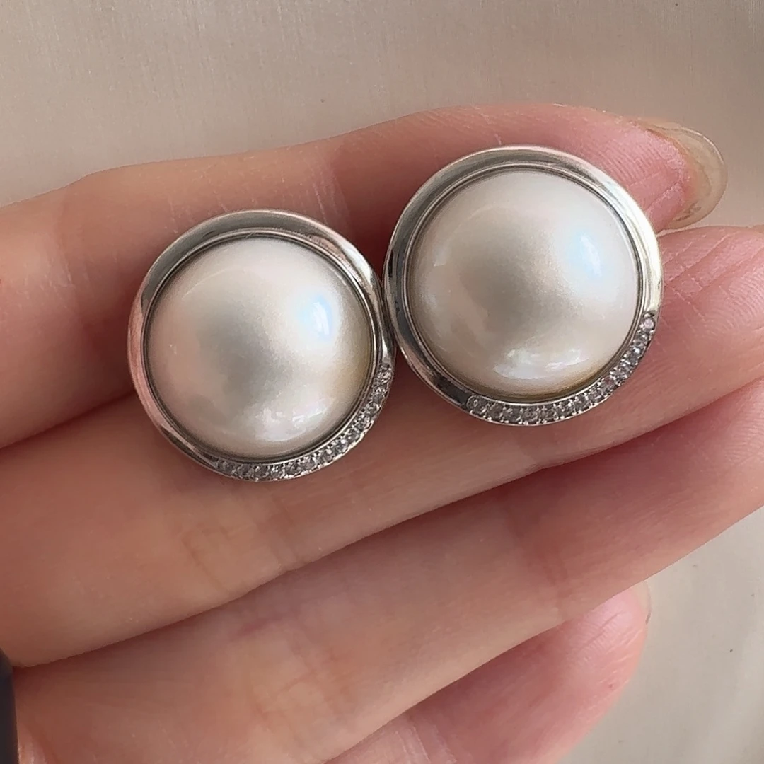 拼合珍珠（马贝珠）耳饰银S925镶嵌落**花15-16mm