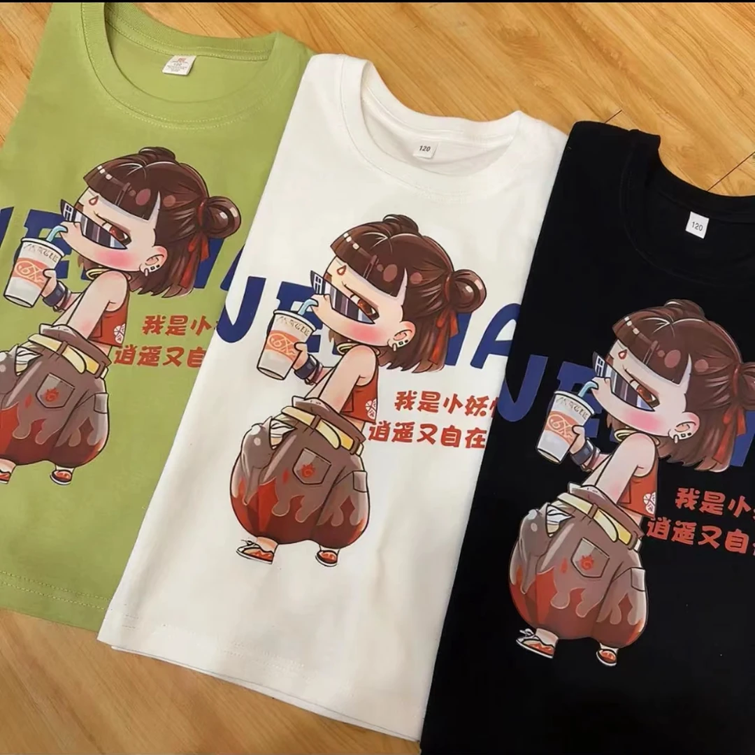 亲子装现货（搞怪哪吒）男女童夏季百搭网红潮流半袖圆领印花T恤