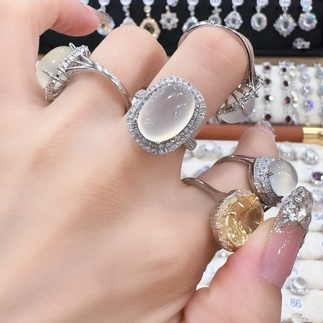 雪***.蛇纹石玉银S925镶嵌戒指