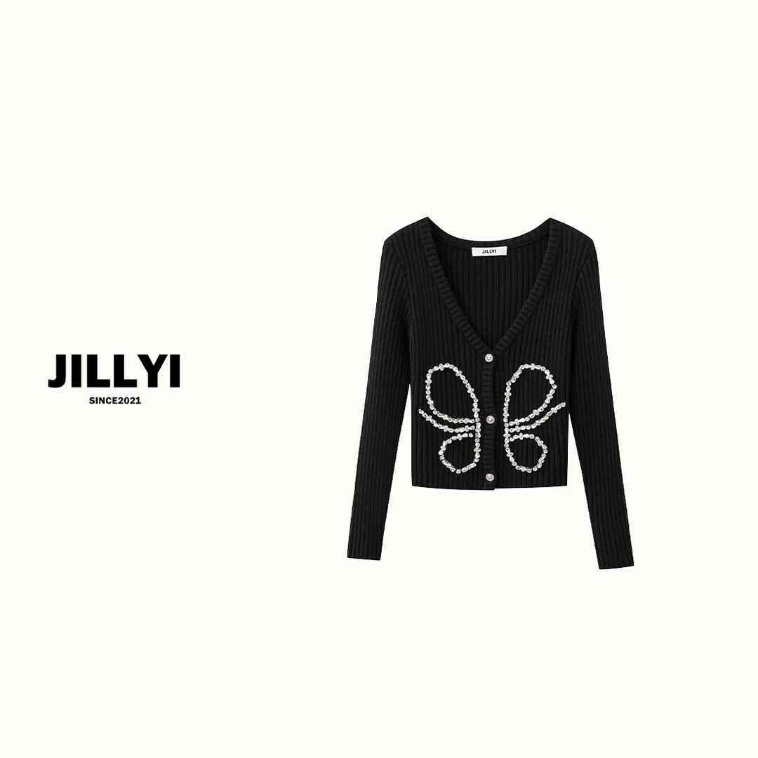 JILLYI【情迷蝴蝶】钻石手工蝴蝶针织毛衣纯色长袖时尚休闲百搭黑色