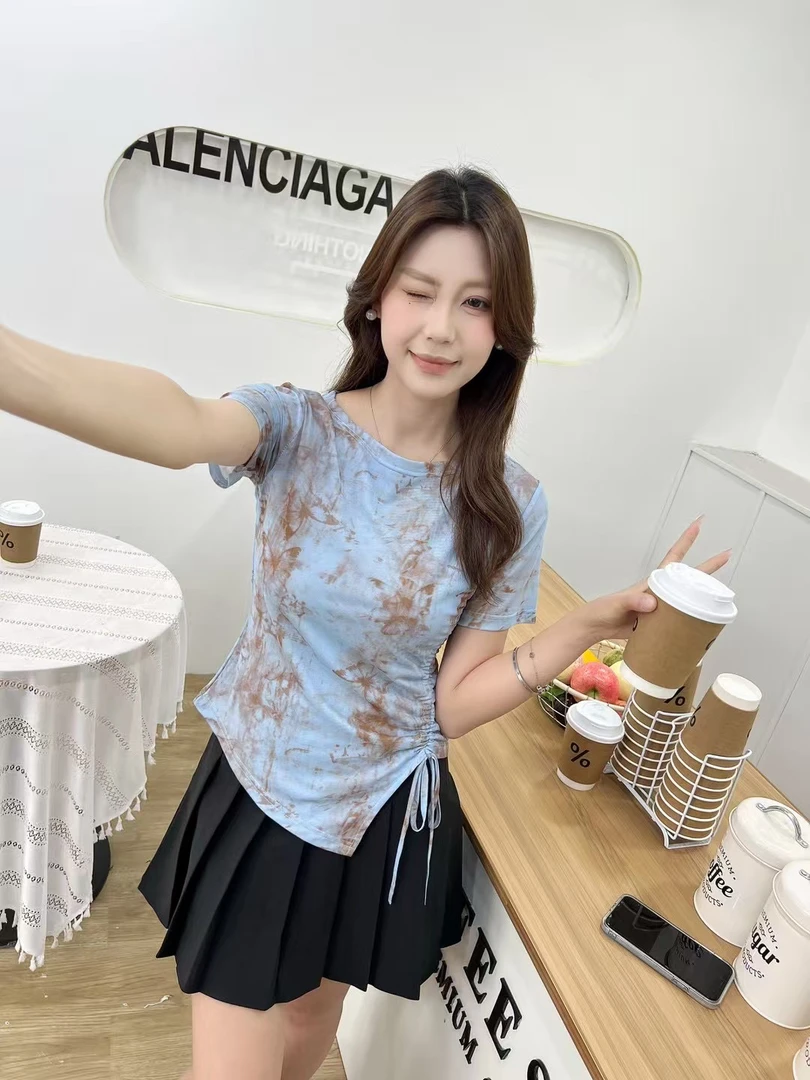 2025短款扎染短袖T恤女装夏季新款不规则侧边抽绳设计感上衣