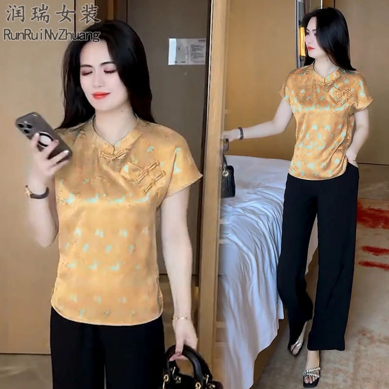 中国风时尚套装女2025夏季新款妈妈盘扣短袖上衣唐装阔腿裤两件套