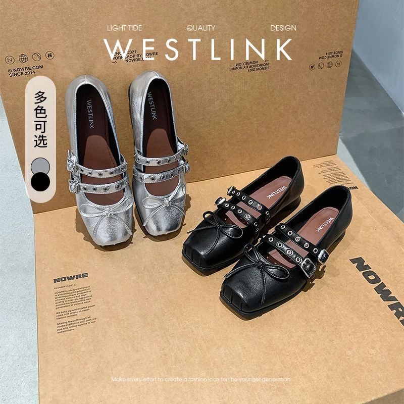 【西遇】铆钉芭蕾鞋女2025新款蝴蝶结猪鼻子方头单鞋低跟玛丽珍鞋