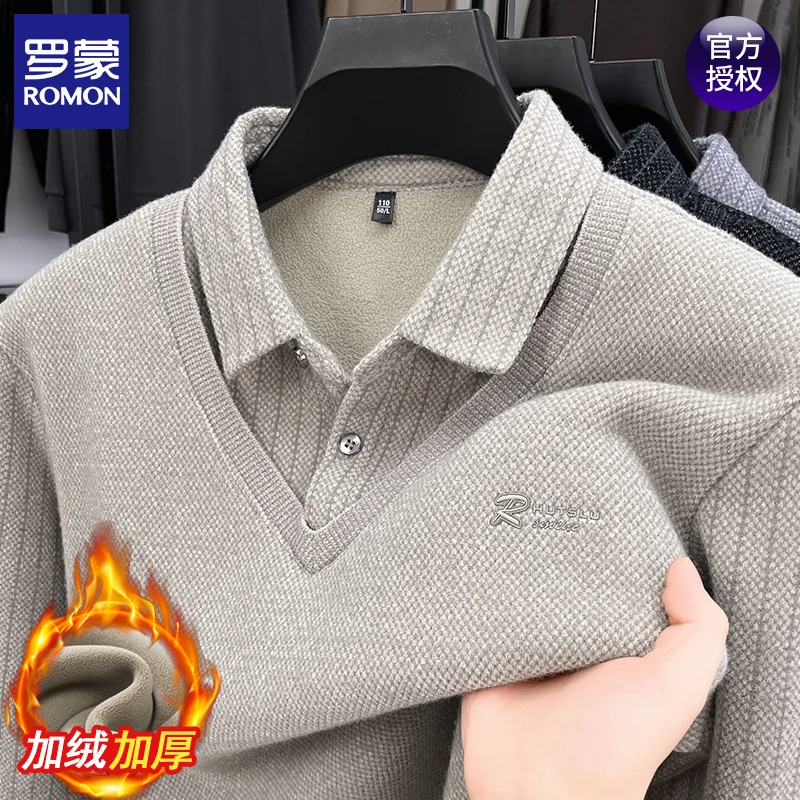 罗蒙冬季中老年男款假两件毛衣男翻领高档t恤长袖保暖秋装打底衫