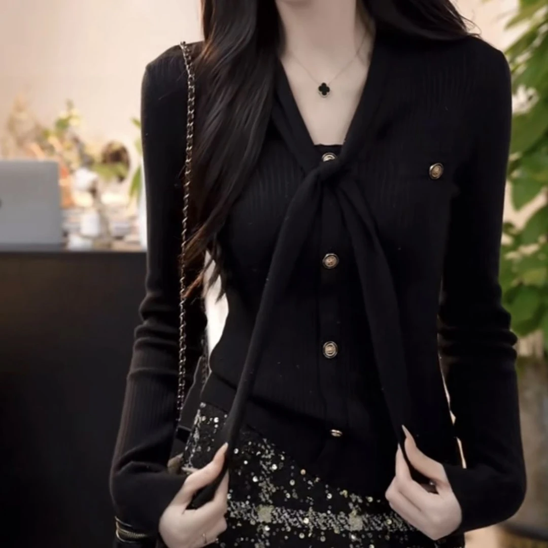 法式飘带小香风针织上衣2024冬季新款修身显瘦气质百搭打底毛衣女