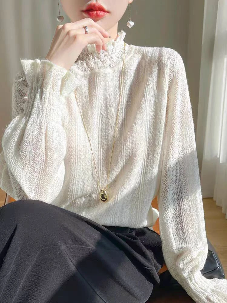 法式设计感提花波浪领蕾丝针织衫女毛衣2025宽松气质叠穿镂空上衣