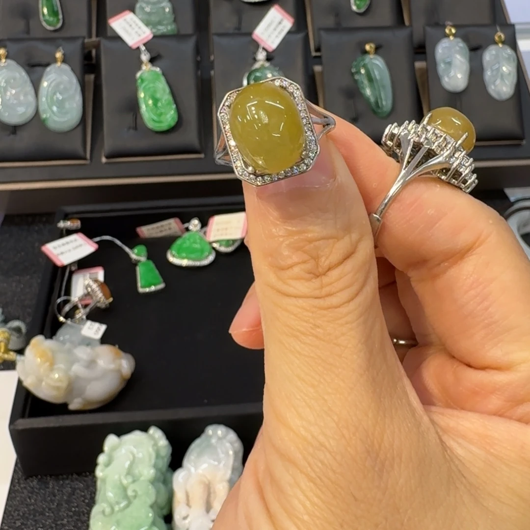 用***3银S925镀金镶嵌戒指翡翠戒指