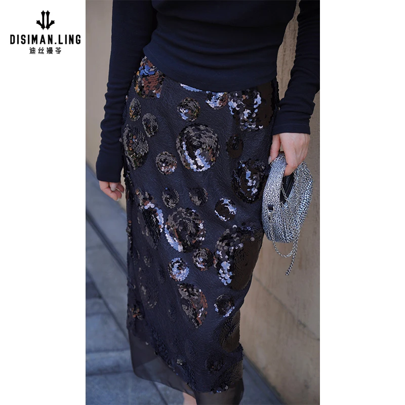 【迪丝嫚苓】黑色半裙气质时尚轻奢女士百搭提花长款原创设计小众感