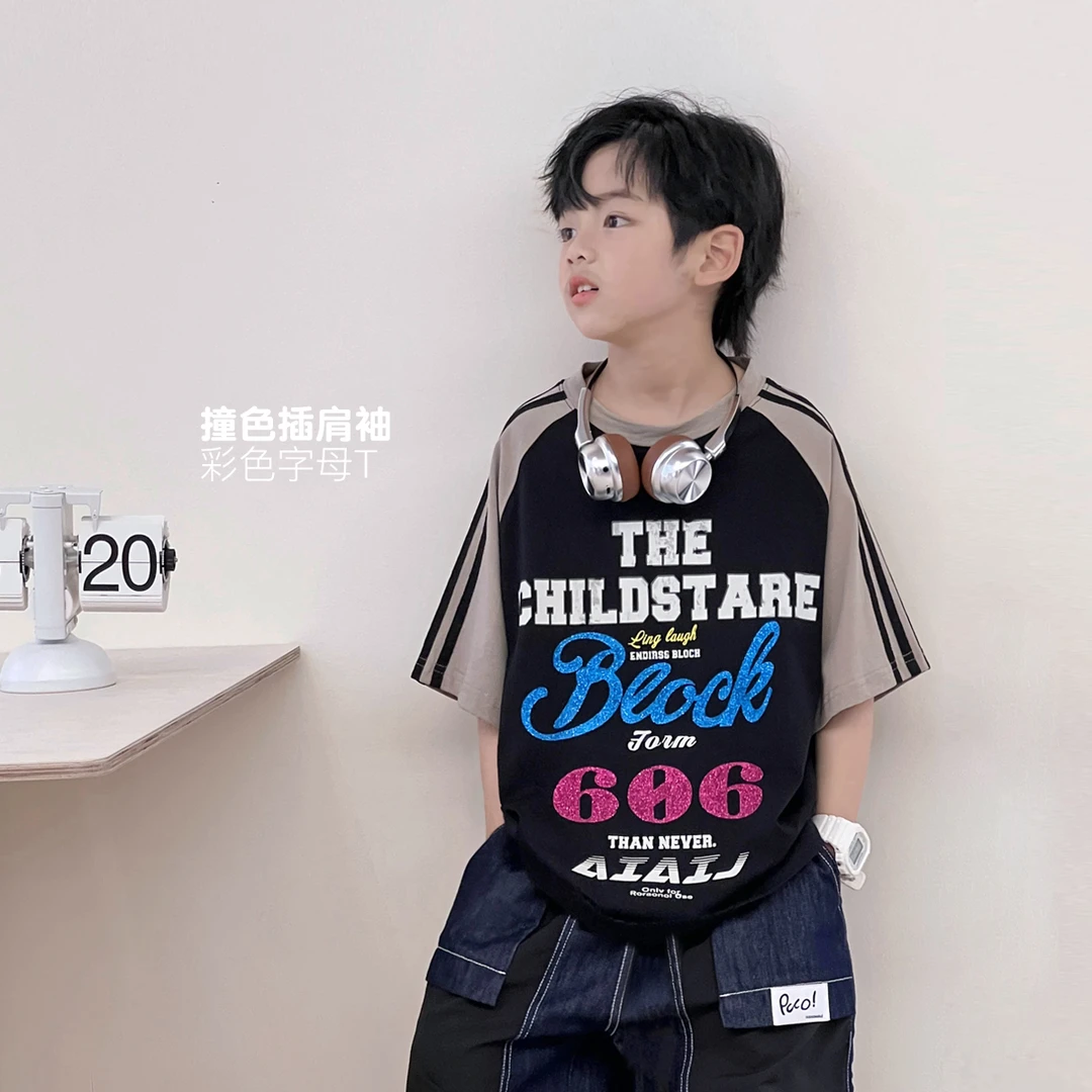 A男童夏装儿童休闲t恤黑色潮牌童装潮酷上衣百搭中大童5068240O1